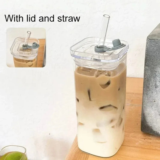 Square Glass Coffee Tumbler with Lid and Straw