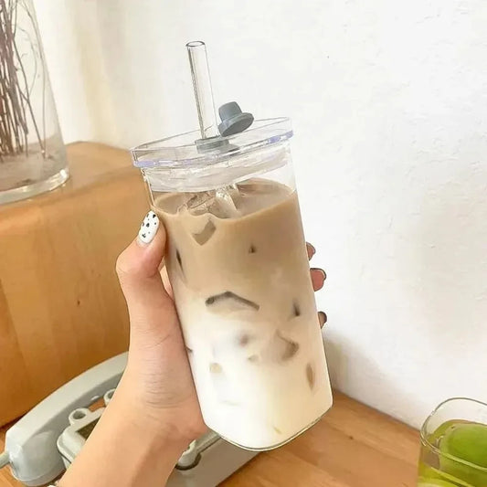Square Glass Coffee Tumbler with Lid and Straw
